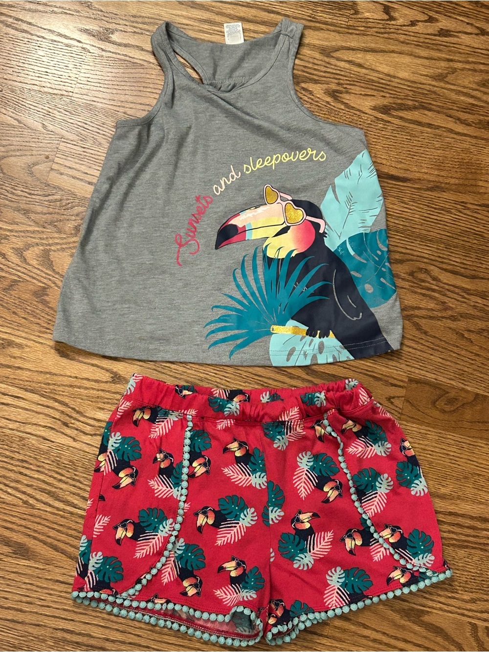 Girls Arizona Jean Company Gray Tank with Coral Toucan Shorts Pajama Set